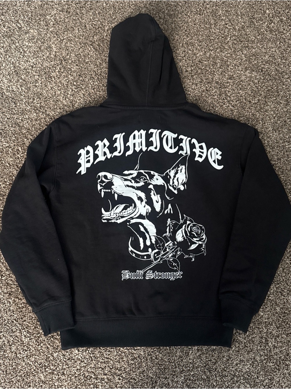 Primitive Black Hoodie with White Doberman and Rose Graphic